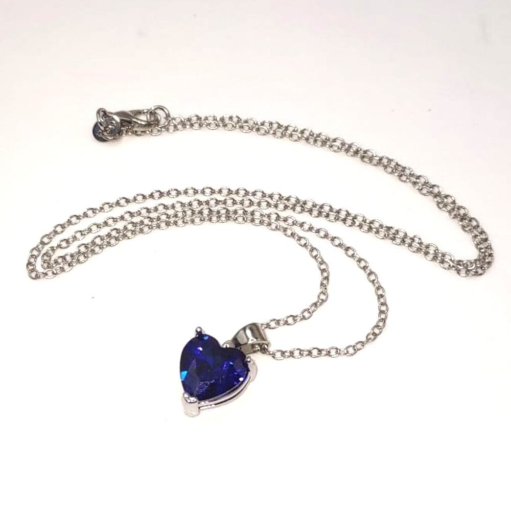 925 Sterling Silver Necklace w/ Blue Zirconia Heart Valentine Gemstones Gift New